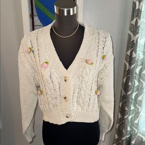 Le Lis Claire Rose 100% Cotton Knitted Cropped Cardigan SZ Small